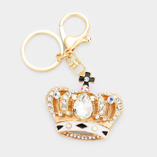 Gold AB Crystal Crown Keychain with White & Black Enamel - iBESTEST.com