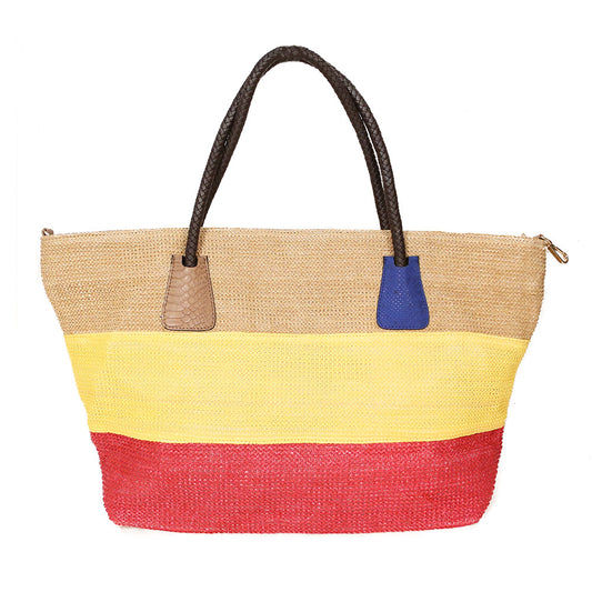 Color Block Straw Tote Bag - iBESTEST.com