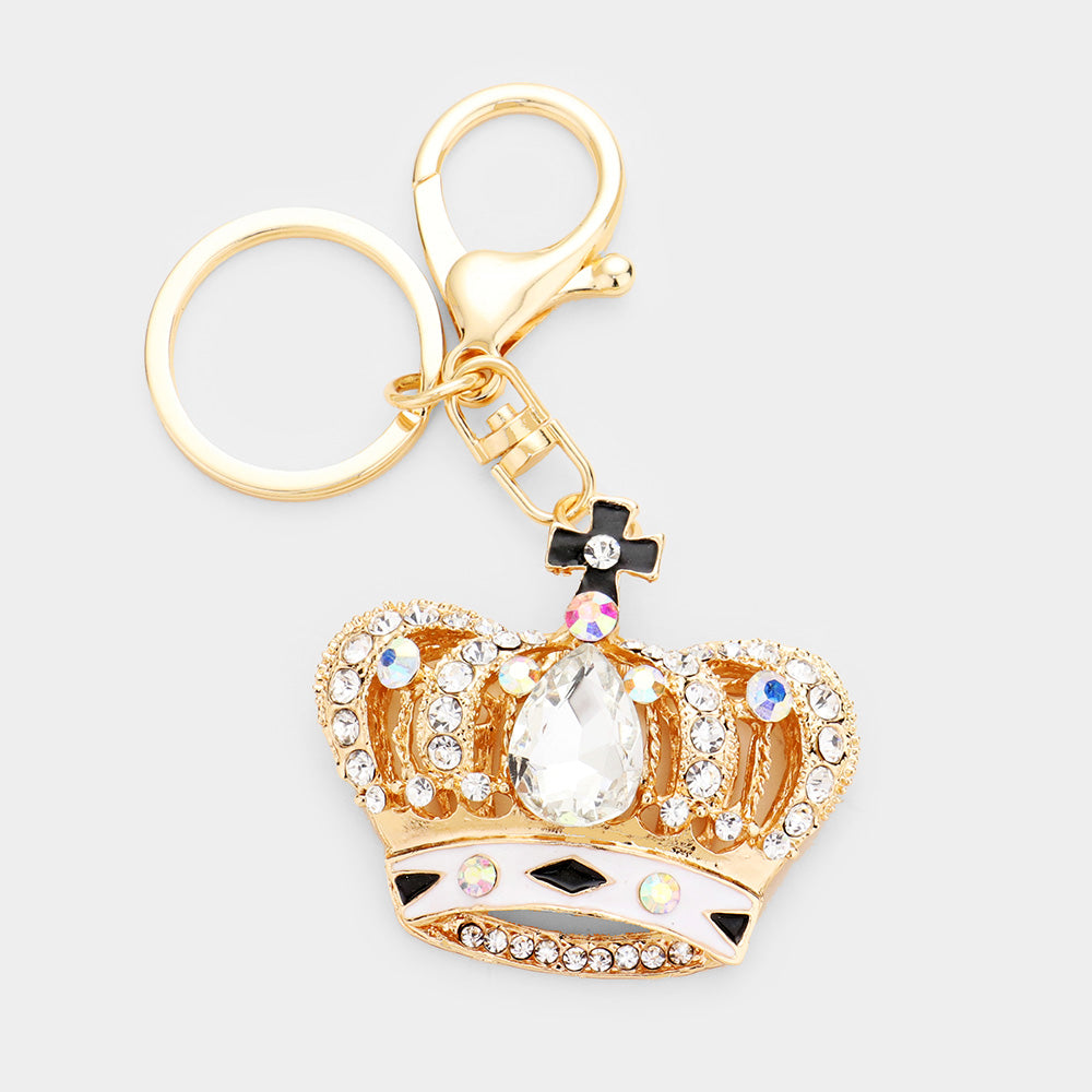 Gold AB Crystal Crown Keychain with White & Black Enamel - iBESTEST.com