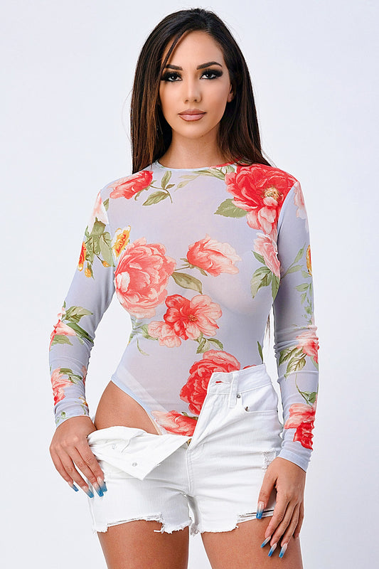 Floral Print Mesh Long Sleeve Bodysuit (New)