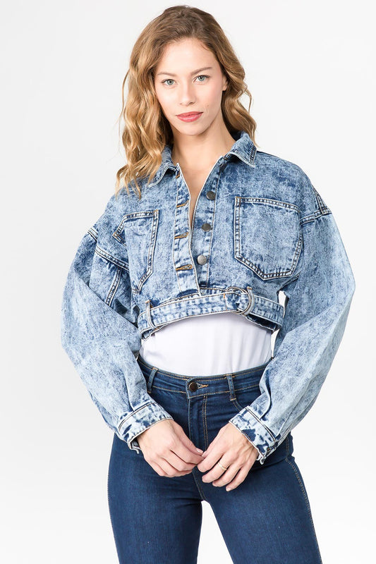 Plus Size Washed Crop Denim Jacket (New) - iBESTEST.com