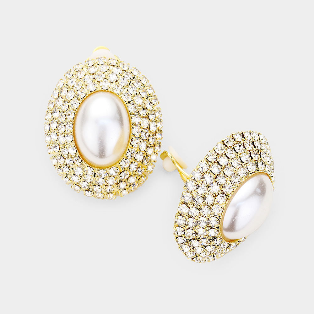 Oval Pearl in a Rhinestone Galaxy Clip On Earrings - iBESTEST.com
