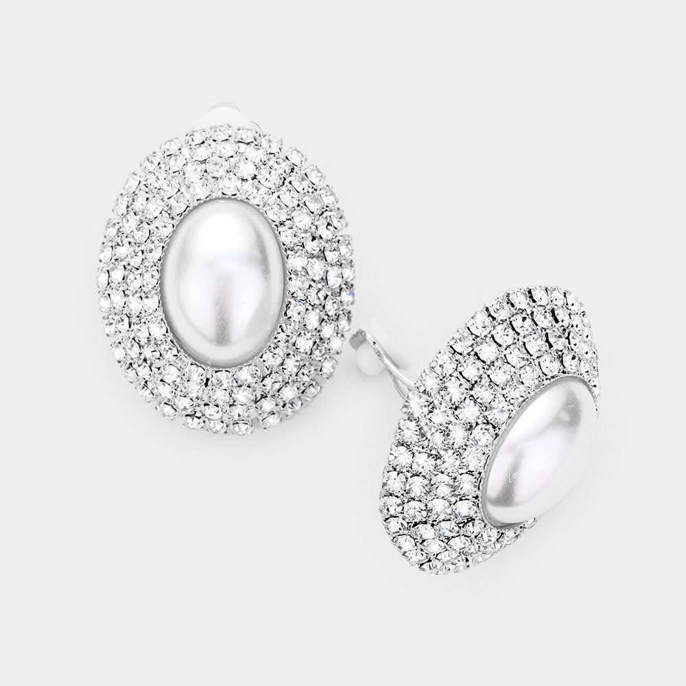 Oval Pearl in a Rhinestone Galaxy Clip On Earrings - iBESTEST.com