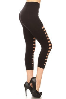 Cut Out Distressed Capri Leggings - iBESTEST.com
