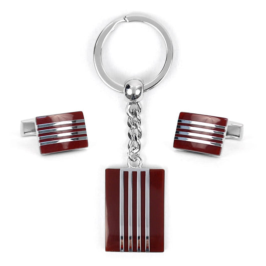 Men's Maroon & Steel Striped Cufflink and Keychain Set - iBESTEST.com